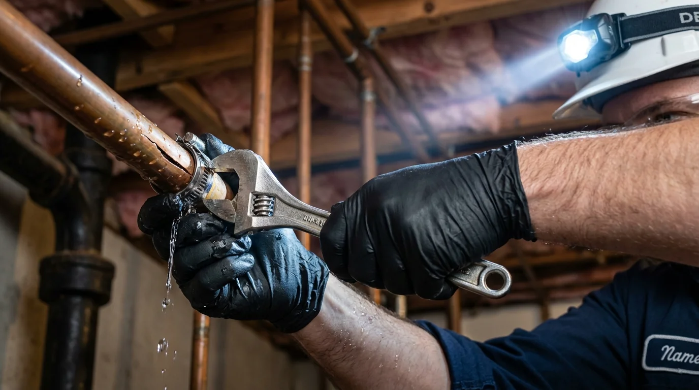 Emergency pipe clamp repair being performed by a Johns Plumbing LLC plumber in Mount Sterling