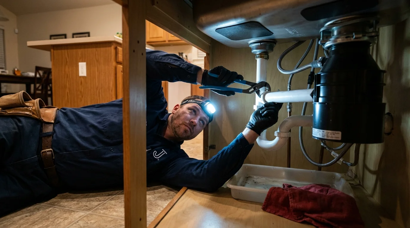 P-trap and supply line connections under a kitchen sink showing a common leak point in Mount Sterling, KY